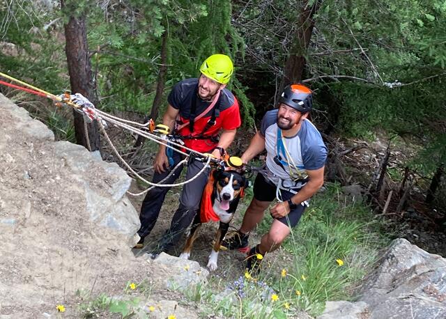 Die beiden Bergretter Thomas und Fabian mit dem geretteten Therapiehund Kosmo. | Foto: Zoom Tirol