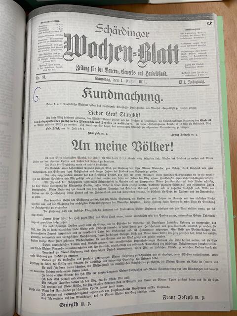 Am 1. August 1914 druckte das Schärdinger Wochenblatt eine Kundmachung des Österreichischen Kaisern Franz Joseph ab, in der er sein Volk über die Kriegserklärung an Serbien, die am 28. Juli 1914 ausgesprochen wurde, informierte. | Foto: Stadtarchiv Schärding