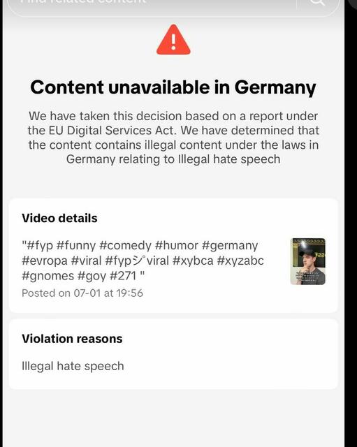 In Deutschland ist der Clip bereits gesperrt, was auf die Kenntnis TikToks über den holocaust-revisionistischen Charakter des Videos hinweise. | Foto: Alexander Ackerl