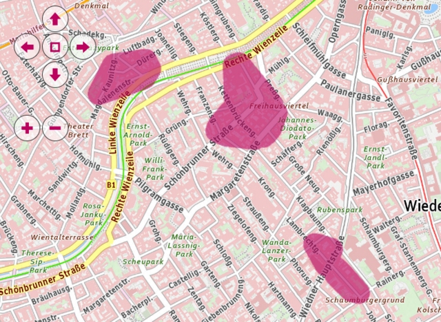 Betroffen waren Teile der Wiedner Hauptstraße, Schönbrunner Straße, Kettenbrückengasse, Magdalenenstraße, Kaunitzgasse, Heumühlgasse und der Linken Zeile. Grund war ein Erdkabeldefekt in der Kaunitzgasse. | Foto: Screenshot Wiener Netze