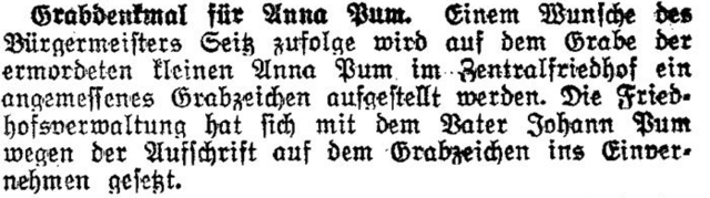 Am 4. August 1924 vermeldet die "Wiener Zeitung", dass auf Initiative von Bürgermeister Seitz der Ermordeten von der Gemeinde Wien ein Denkmal gespendet wird.  | Foto: OeNB, Anno