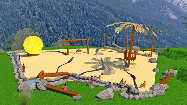 So wird der neue Spielplatz aussehen, den die Firma Naturidea im Herbst im StuBay baut. Die Kosten für das Projekt trägt der TVB Stubai. | Foto: Visualisierung Naturidea