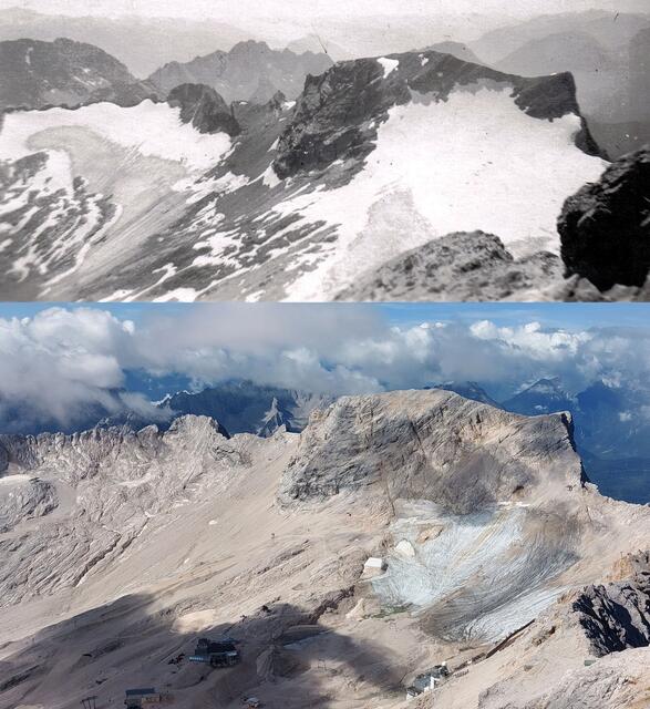 Die Veränderungen des Gletschers im Bereich der Zugspitze sind massiv, wie Bild-Gegenüberstellung von Prof. Wilfried Hagg zeigen. | Foto:  Prof. Wilfried Hagg
