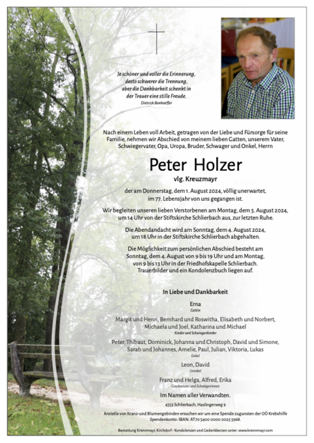 Peter Holzer ✝︎ 01.08.2024 | Foto: Bestattung Krennmayr