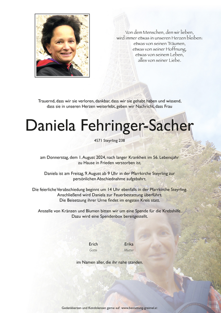 Daniela Fehringer-Sacher ✝︎ 01.08.2024 | Foto: Bestattung Greimel