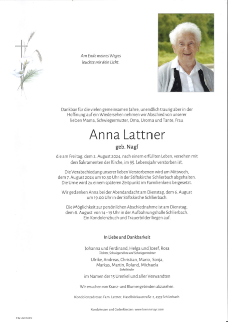 Anna Lattner ✝︎ 02.08.2024 | Foto: Bestattung Krennmayr