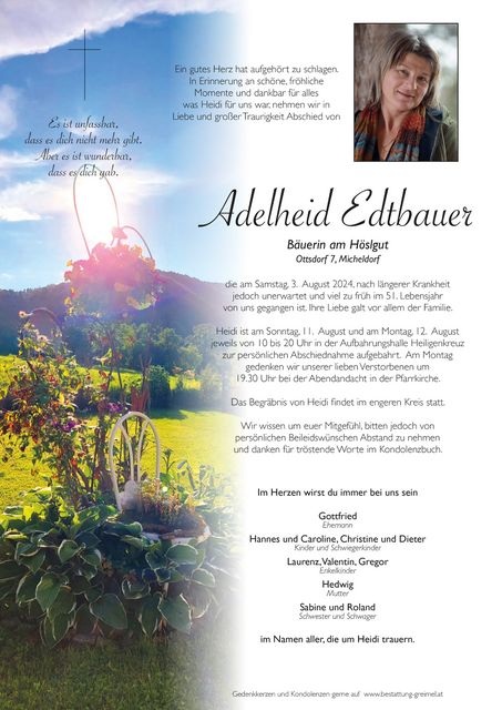 Adelheid Edtbauer ✝︎ 03.08.2024 | Foto: Bestattung Greimel