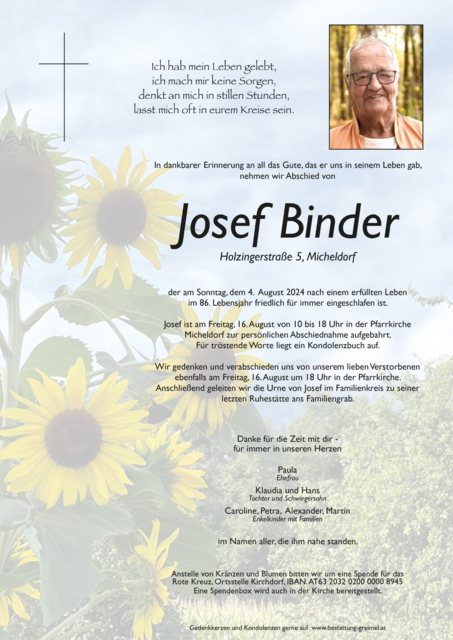 Josef Binder ✝︎ 04.08.2024 | Foto: Bestattung Greimel