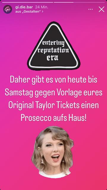 Als kleine Aufmunterung gibt es im "Gi" gegen Vorlage eines Tickets einen Prosecco. | Foto: Screenshot Instagram/Gi.di.Bar