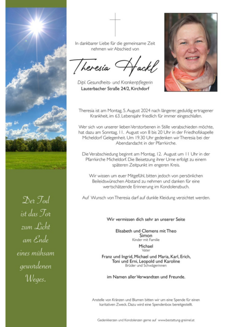 Theresia Hackl ✝︎ 05.08.2024 | Foto: Bestattung Prielinger