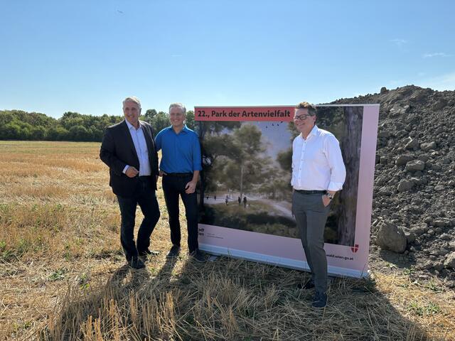 In der Donaustadt entsteht der größte Wiener Park seit der Wiener Internationale Gartenschau (WIG) vor 50 Jahren. Bezirksvorsteher Ernst Nevrivy, Klubobmann der SPÖ Josef Taucher und Umweltstadtrat Jürgen Czernohorszky (alle SPÖ) nahmen den Spatenstich vor. | Foto: Luise Schmid/MeinBezirk