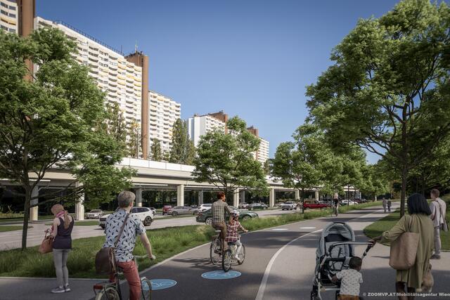 Erste Visualisierungen gibt es auch schon: So soll die neue Wohnparkstraße nach den Änderungen aussehen.  | Foto: Zoomvp/Mobag