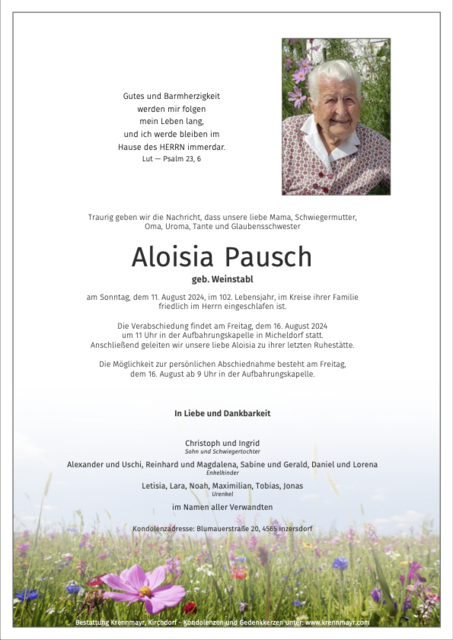 Aloisia Pausch ✝︎ 11.08.2024 | Foto: Bestattung Krennmyr
