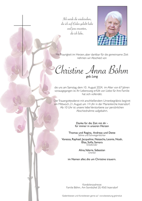 Christine Anna Böhm ✝︎ 10.08.2024 | Foto: Bestatung Greimel