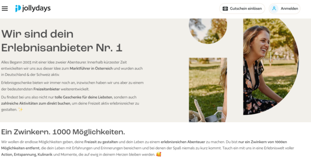 Die Rede ist von "deinem Experten für originelle Geschenke": Jollydays.at. Die Plattform sei "Österreichs Nr. 1 für Erlebnisse", denn hier kann man Gutscheine kaufen. | Foto: Screenshot jollydays.at