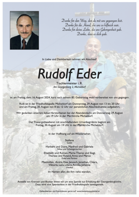 Rudolf Eder ✝︎ 16.08.2024 | Foto: Bestattung Greimel