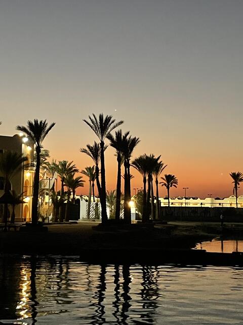 Toller Familienurlaub Juli 2024 in Ägypten - Bild zeigt das Hausriff des Bel Air Azur Resorts bei Sonnenuntergang  | Foto: Romana Jambrits