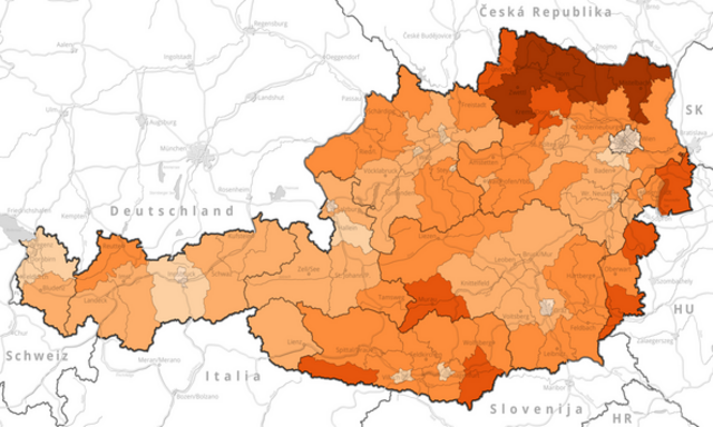 Helle Flecken zeigen auf der Website www.oerok-atlas.at Österreichs am wenigsten versiegelte Gebiete. Dazu zählen auch Villach und Klagenfurt. | Foto: oerok-atlas.at