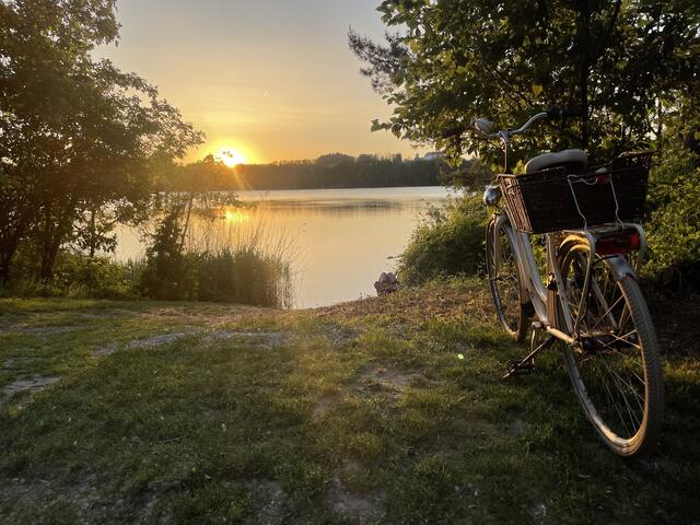 Jede Fahrt ein kleiner Urlaub ( Viehhofnersee ). Dem Alltagsstress davon radeln und in den Sonnuntergang hinein … 🌞 | Foto: B.G.