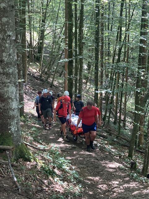 Die Bergrettung aus Göstling an der Ybbs musste einen schwer verletzten Wanderer am Kogler Wasserfallweg bergen. Der Mann war über den Wasserfall zehn Meter in die Tiefe gestürzt. | Foto: Bergrettung Göstling an der Ybbs
