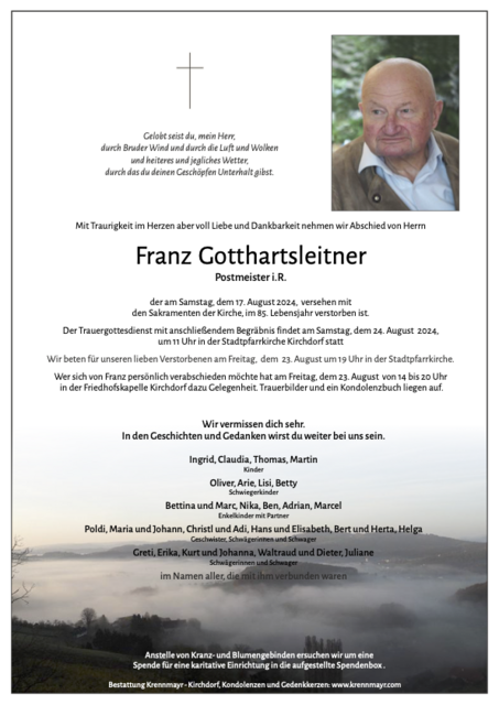 Franz Gotthartsleitner ✝︎ 17.08.2024 | Foto: Bestattung Krennmayr