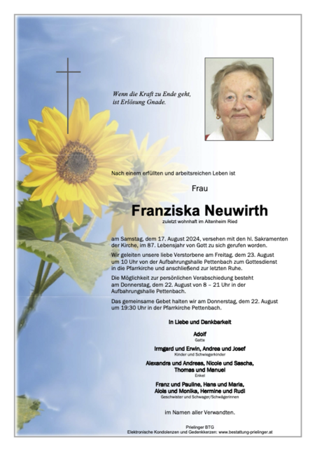 Franziska Neuwirth ✝︎ 17.08.2024 | Foto: Bestattung Prielinger