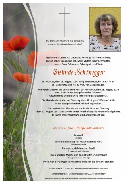 Gislinde Schönegger ✝︎ 19.08.2024 | Foto: Bestattung Krennmayr