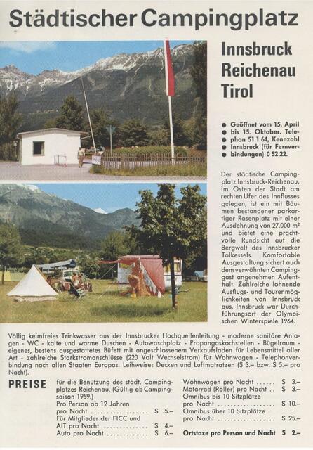 Das Flugblatt des alten Campingplatzes in der Reichenau gibt einen Einblick auf das Campen anno dazumal.  | Foto: innsbruck- erinnert.at/ Stadtarchive Innsbruck