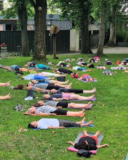 Eine große Schar an Teilnehmern liegt geerdet am grünen „Yogateppich“ im Schärdinger Schlosspark über dem Inn. | Foto: Gruber
