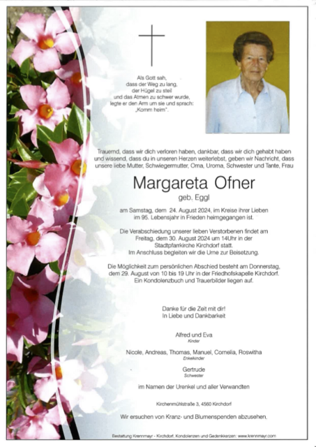 Margareta Ofner ✝︎ 24.08.2024 | Foto: Bestattung Krennmayr