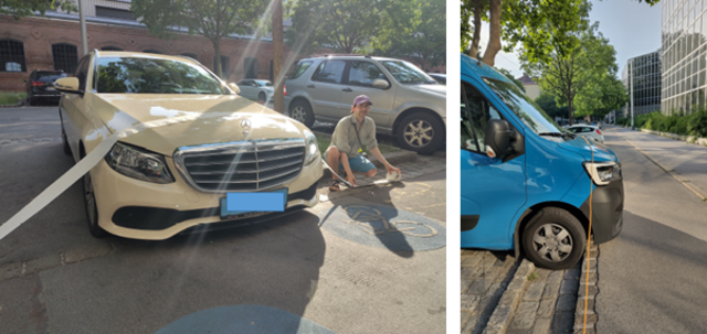 Mit Seilen und Klopapier wurde die Radwegsbegrenzung auf den parkenden Autos weitergeführt und das Fehlverhalten der Lenker so sichtbar gemacht.  | Foto: Radlobby Brigittenau