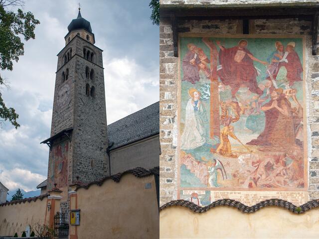 39 # 1234 – Tableau: Von der 1227 erstmals erwähnten romanischen Pfarrkirche ist nur der Turm erhalten, das alte Kirchenschiff mit dem Chor wurde durch einen gotischen Neubau ersetzt. Die barocke Zwiebelhaube stammt aus der Zeit nach 1664. Am Turm außen ist großes Fresko des Jüngsten Gerichts aus dem Jahr 1496. | Foto: © by Ing. Günter Kramarcsik