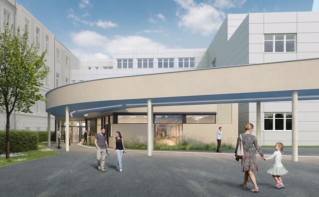 Ein moderner und überdachter Zugangsbereich erwartet die Patientinnen und Patienten nach dem erfolgten Um- und Zubau.  | Foto: Schreiner, Kastler/kaufmann.wanas architekten