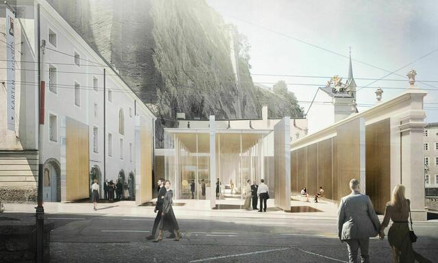 Glaskubus und unterirdischer Saal und offener Herbert von Karajan-Platz. Rendering zum Entwurf des Architekturbüros Marte.Marte. Die Tore werden künftig Tagsüber offen stehen. | Foto: Architekturbüro Marte.Marte
