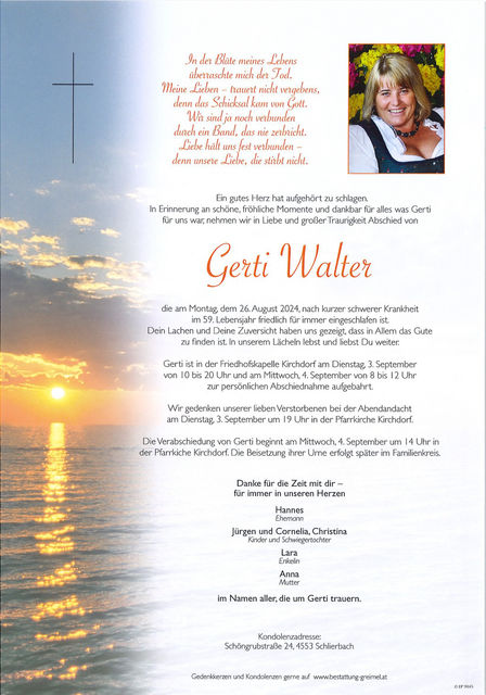     Gerti Walter ✝︎ 26.08.2024 | Foto: Bestattung Greimel