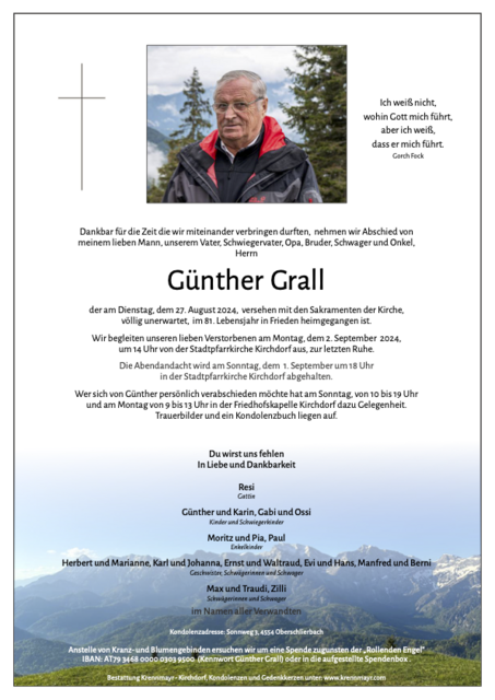 Günther Grall ✝︎ 27.08.2024 | Foto: Bestattung Krennmayr