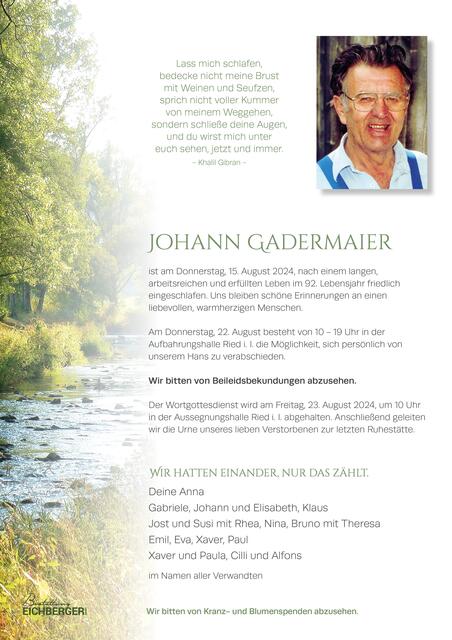 Johann Gadermaier, Ried, verstorben am 15. August, im 92. Lebensjahr. | Foto: Gadermaier