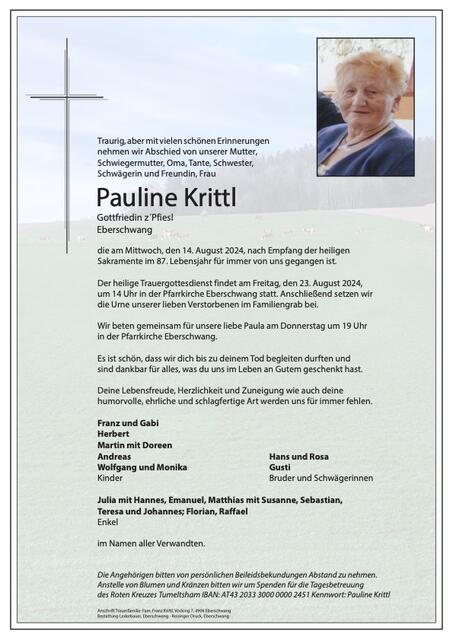 Pauline Krittl, Eberschwang, verstorben am 14. August, im 87. Lebensjahr. | Foto: Krittl