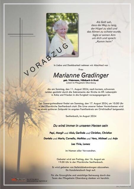 Marianne Gradinger, Senftenbach, verstorben am 11. August, im 80. Lebensjahr. | Foto: Schrems
