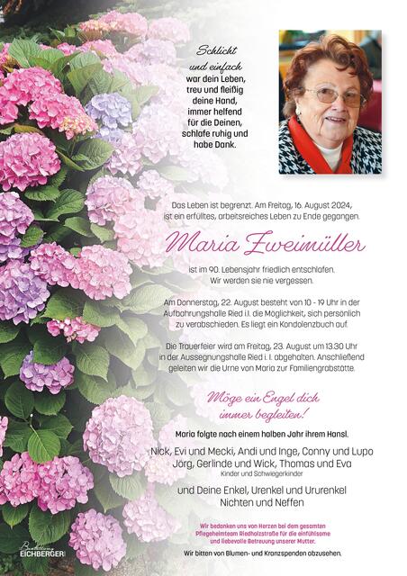 Maria Zweimüller, Ried, verstorben am 16. August, im 90. Lebensjahr. | Foto: Buttinger