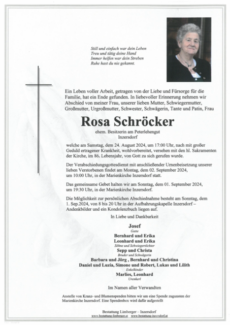 Schröcker Rosa ✝︎ 24.08.2024 | Foto: Bestattung Limberger