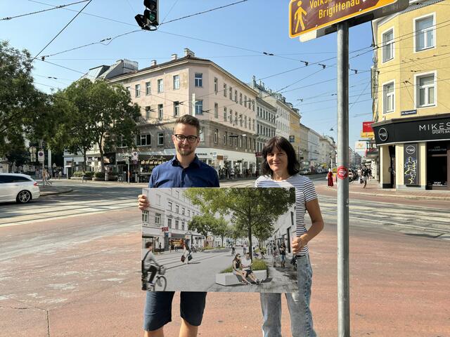 Die stellvertretende Brigittenauer Bezirksvorsteherin Babara Pickl und der Planungssprecher der Grünen Wien Kilian Stark kritisieren "Stillstand" in der Wallensteinstraße.  | Foto: Ronja Reidinger