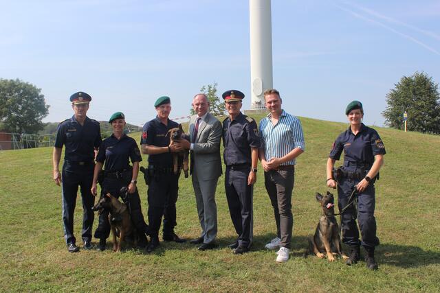 Der süße Nachwuchs der Polizei-Hundestaffel mit Innenminister Gerhard Karner und dem nö. Landtagsabgeordneten Florian Krumböck. | Foto: Huber