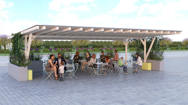 Variante Carport-Café: man kann PV-Carports auf versiegelten Flächen als Cafés nutzen. Diese bieten als Unterstand einen guten Sonnenschutz auf Stadtplätzen.  | Foto: Telemotion Erneuerbare Energien