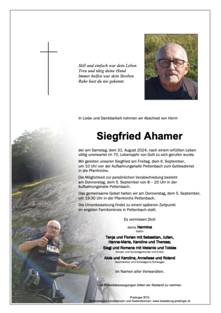 Siegfried Ahamer ✝︎ 31.08.2024 | Foto: Bestattung Prielinger