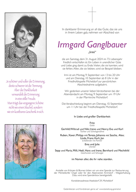 Irmgard Ganglbauer ✝︎ 31.08.2024 | Foto: Bestattung Greimel