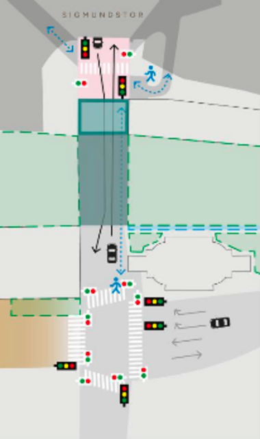 Geplante Verkehrsmaßnahmen am Herbert-von-Karajan-Platz ab September 2024. Der Bau des Festspielzentrums am Herbert-von-Karajan-Platz benötigt einen Brückenkran. Dieser wird Mitte September 2024 über die Straße zum Sigmundstor errichtet und der Verkehr einspurig unter dem Kran durchgeführt. Dafür wird die Ampelregelung am Herbert-von-Karajan-Platz geändert und nach oben vor das Sigmundstor verlegt. Ein Fußgängerweg zwischen Herbert-von-Karajan-Platz und Sigmundstor bleibt während der gesamten Bauarbeiten erhalten. Die Einengung im Baustellenbereich wird je nach Bauphase unterschiedliche Fahrstreifen betreffen. Die Baustellen-Verkehrsregelung ändert sich dadurch jedoch nicht. | Foto: SF / Visualisierung Marte.Marte