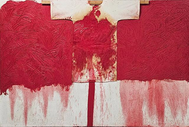 Hermann Nitsch (1938 - 2022) I Schüttbild mit Malhemd, Öl auf Jute I 200 x 300 cm I 2010  | Foto: Lukas Feichtner Galerie