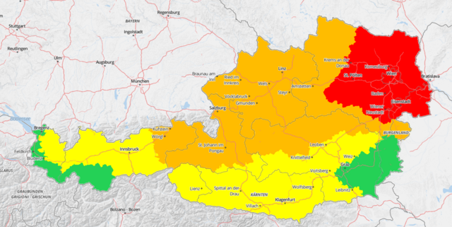 Aktuell sind Starkregen und sogar Schnee in Teilen Österreichs angesagt. Gelb steht für Schnee, orange und rot sind hohe/höchste Warnstufen. | Foto: warnungen.zamg.at