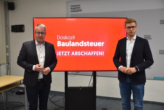 ÖVP-Klubobmann Markus Ulram und ÖVP-Landesgeschäftsführer Patrik Fazekas kritisieren erneut die Baulandmobilisierungsabgabe im Burgenland. | Foto: Stefan Schneider